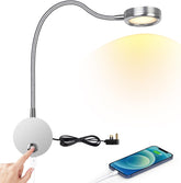 Flexi arm lamp with white base, power cord, and smartphone on a white background